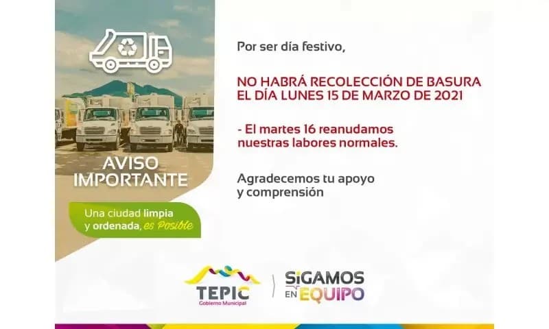 Por día festivo, no habrá recolección de basura el lunes