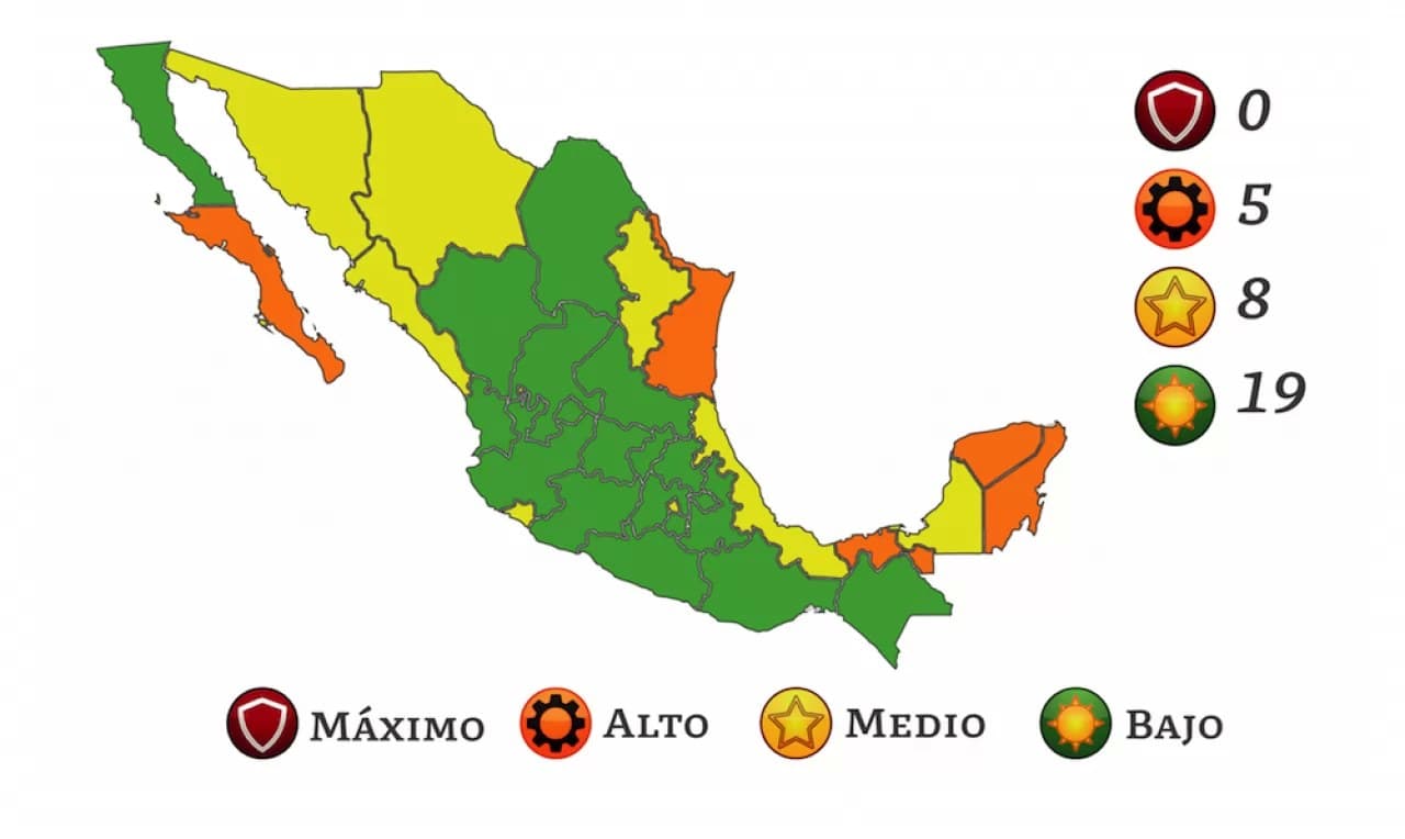 Nayarit y 18 estados en verde, ocho en amarillo