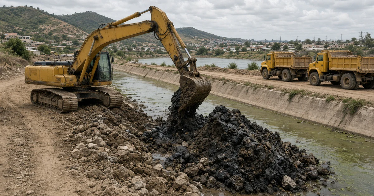 Excavadora retira lodo de un canal junto a una presa mientras camiones de volteo esperan en la orilla