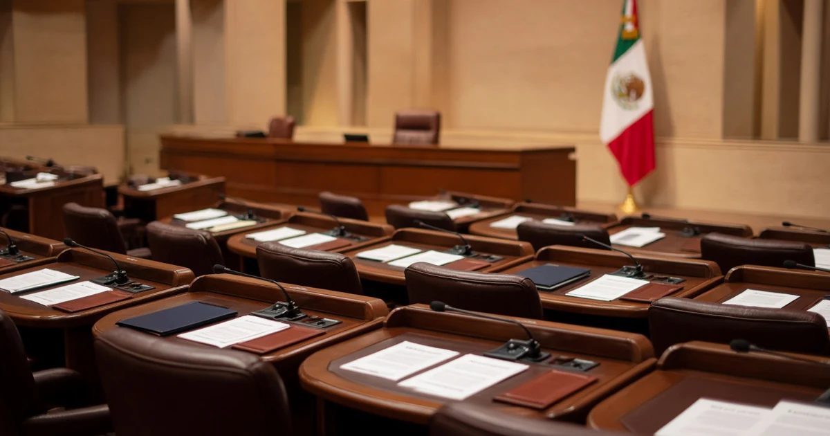 Curules vacías con micrófonos y documentos en un recinto legislativo