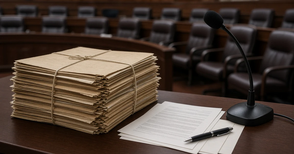 Expedientes atados con cordel, hojas y un micrófono sobre una mesa en una sala legislativa vacía