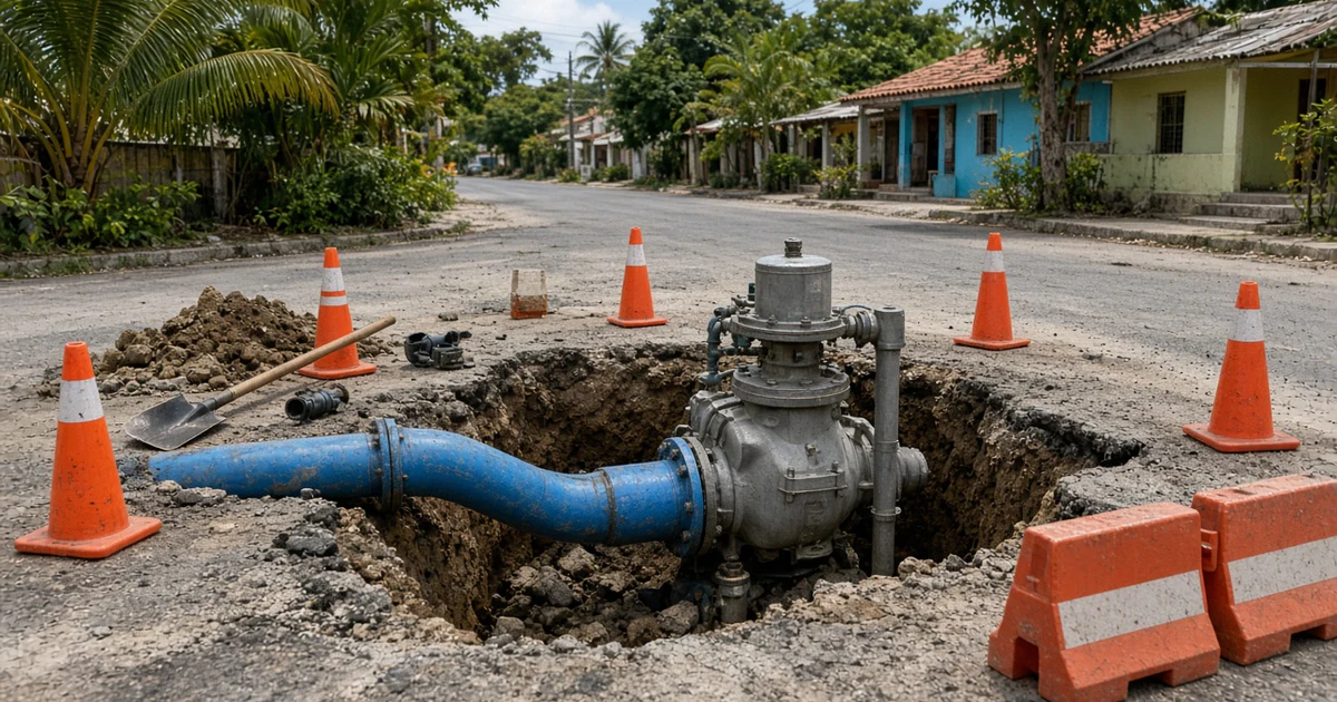 Excavación en una calle con tubería azul y una válvula de agua nueva, rodeada de conos naranjas