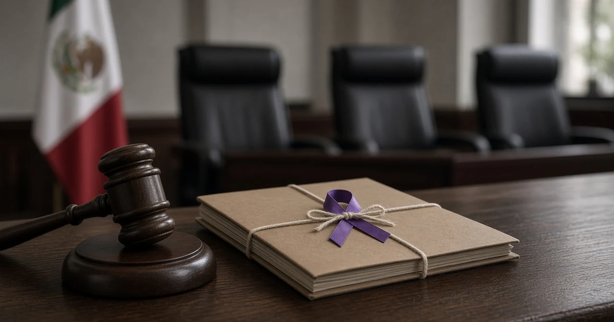Mazo de juez y expediente atado con un lazo morado sobre el estrado de una sala de juicios orales