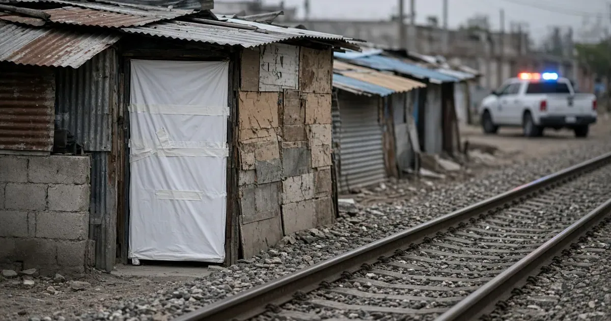 Casas improvisadas de lámina junto a las vías del tren, una con la puerta cubierta por una lona de aseguramiento y una patrulla al fondo