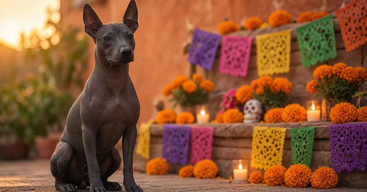 Perro xoloitzcuintle sentado junto a un altar de Día de Muertos con cempasúchil y papel picado