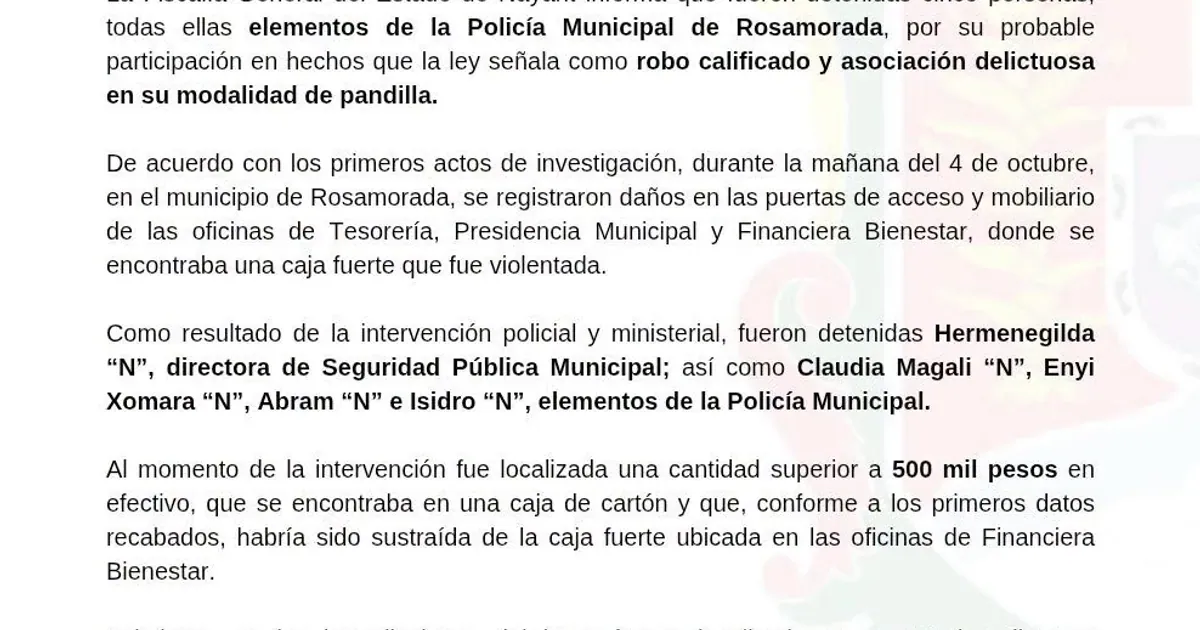 Detienen a cinco policías de Rosamorada por robo calificado