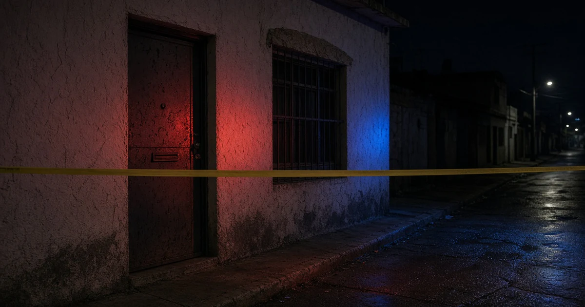 Fachada de una casa de noche con luces de patrulla y cinta de acordonamiento