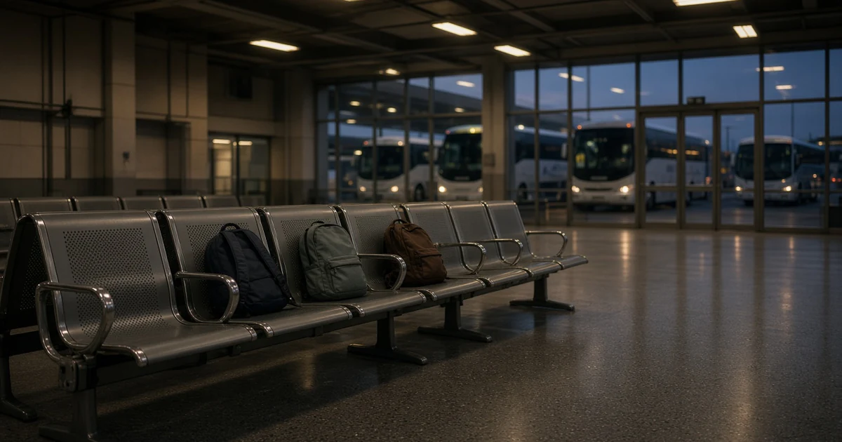 Sala de espera vacía de una central de autobuses con tres mochilas sobre los asientos y autobuses al fondo