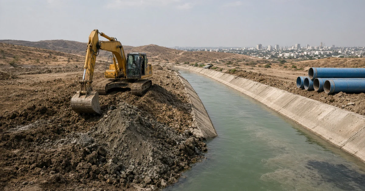 Excavadora y montículos de azolve junto a un canal de agua en obras de desazolve, con tubos azules y la ciudad al fondo