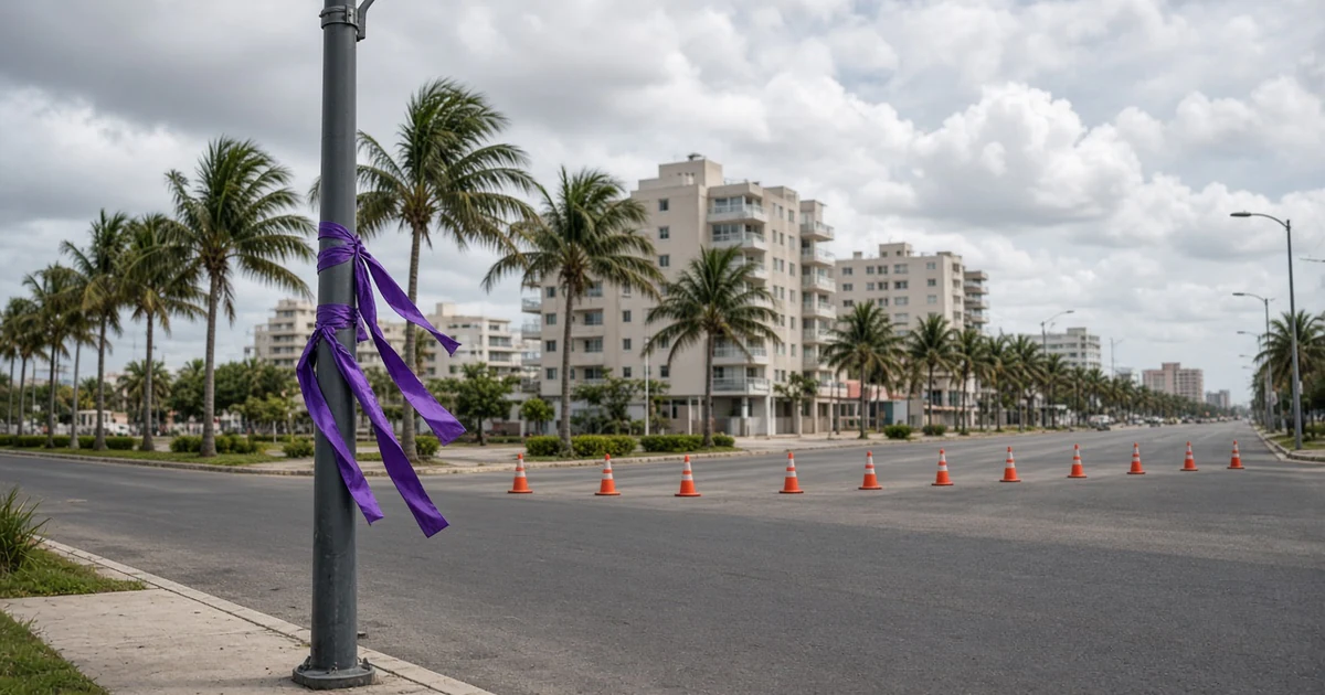 Avenida costera con palmeras cerrada con conos naranjas y listones morados atados a un poste