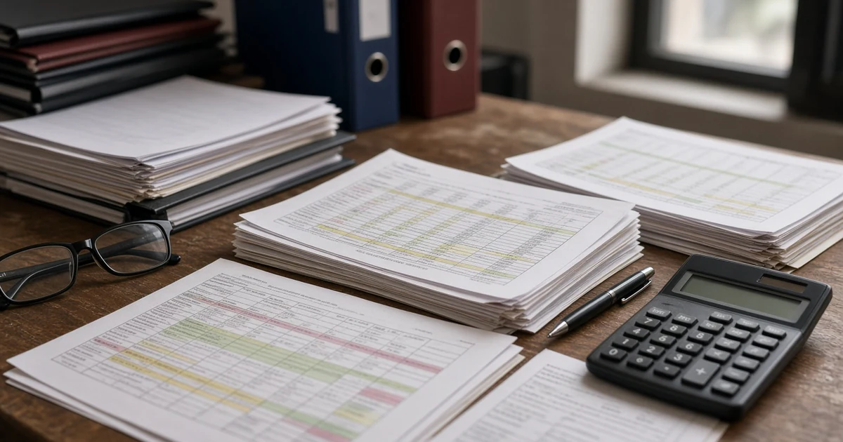 Documentos de nómina con filas resaltadas, calculadora y lentes sobre un escritorio de oficina