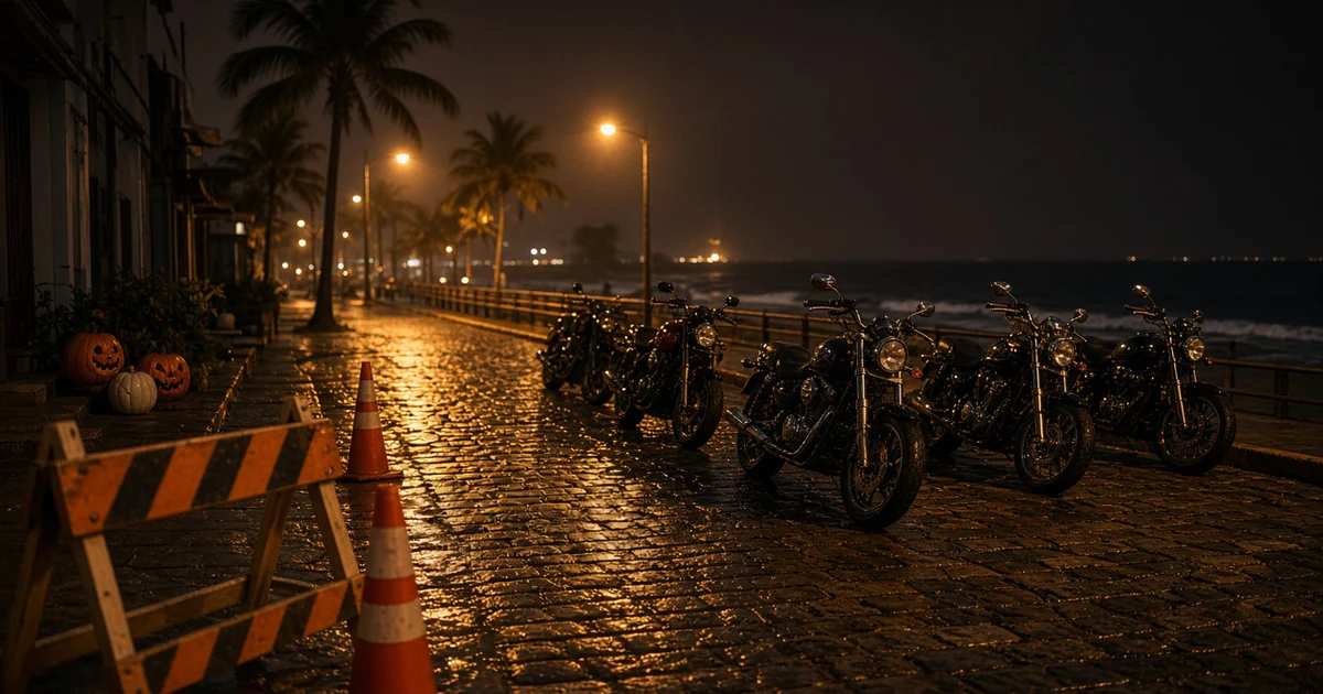 Motocicletas estacionadas de noche junto al malecón con conos y barrera de tránsito