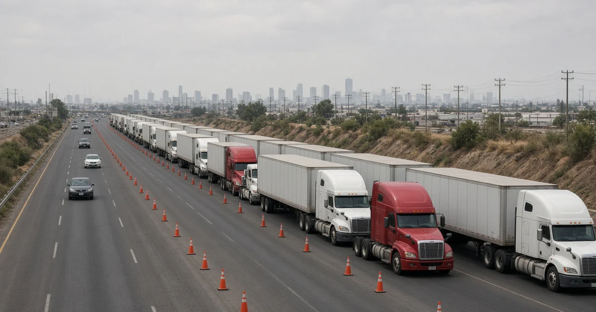 Tractocamiones de carga formados en los carriles centrales de una autopista con conos naranjas