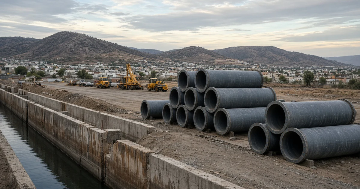 Tubos de acueducto apilados junto a un canal abierto de agua en las afueras de una ciudad