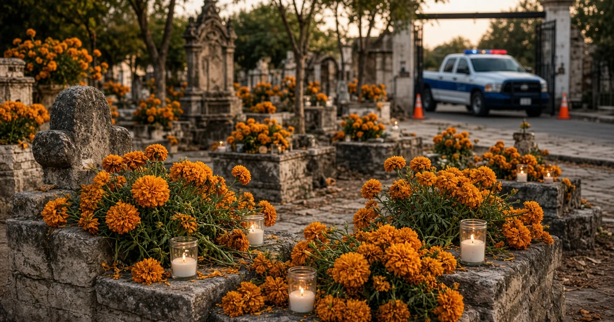 Panteón adornado con flores de cempasúchil y veladoras, con una patrulla municipal estacionada en la entrada