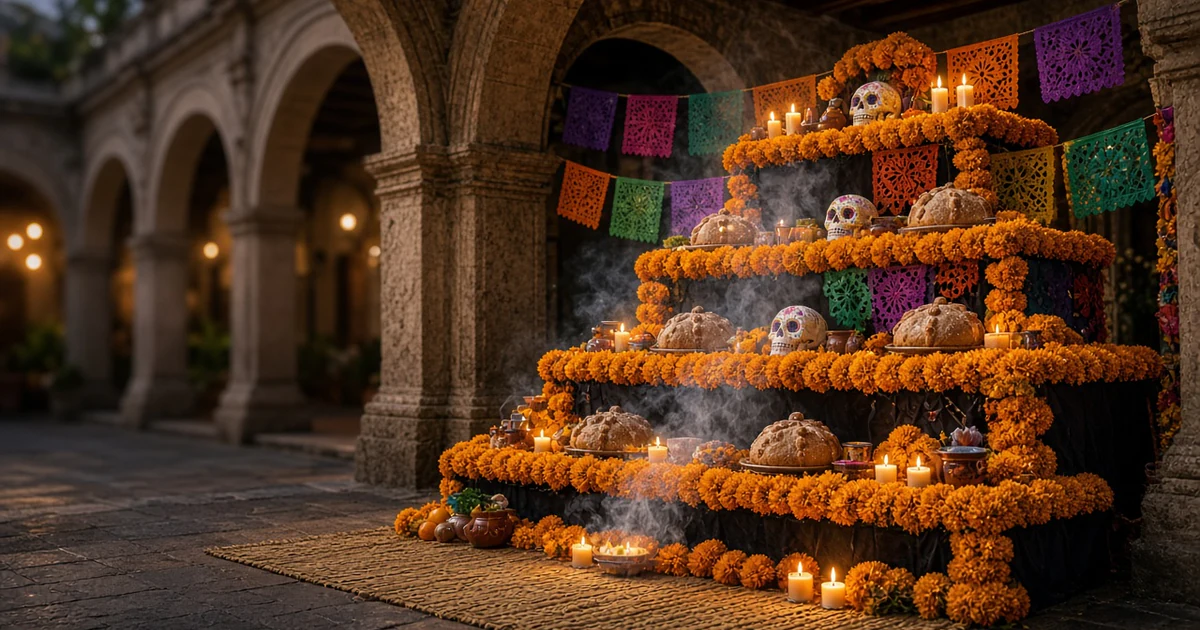 Altar de Día de Muertos con flores de cempasúchil, veladoras, pan de muerto y calaveritas bajo los arcos de un edificio colonial
