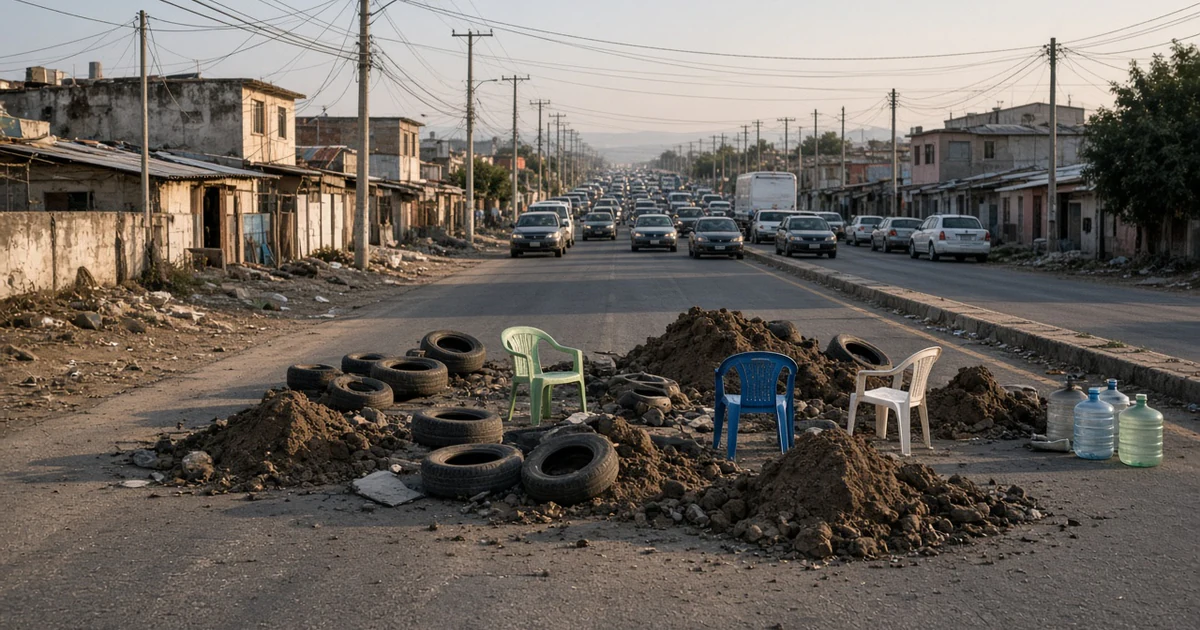 Llantas, montículos de tierra y sillas de plástico bloquean una carretera con autos detenidos al fondo