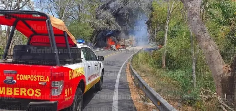 Tráiler calcinado tras aparatoso accidente en la 200