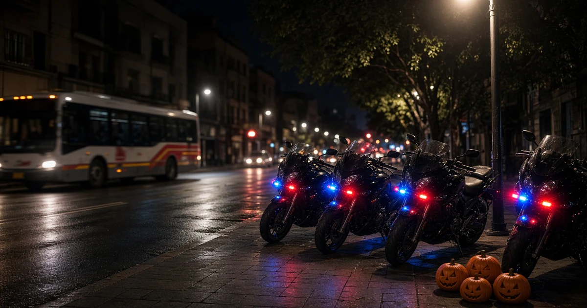 Motocicletas de policía con torretas encendidas estacionadas de noche junto a una avenida, con un camión urbano al fondo y calabazas de Halloween en la banqueta